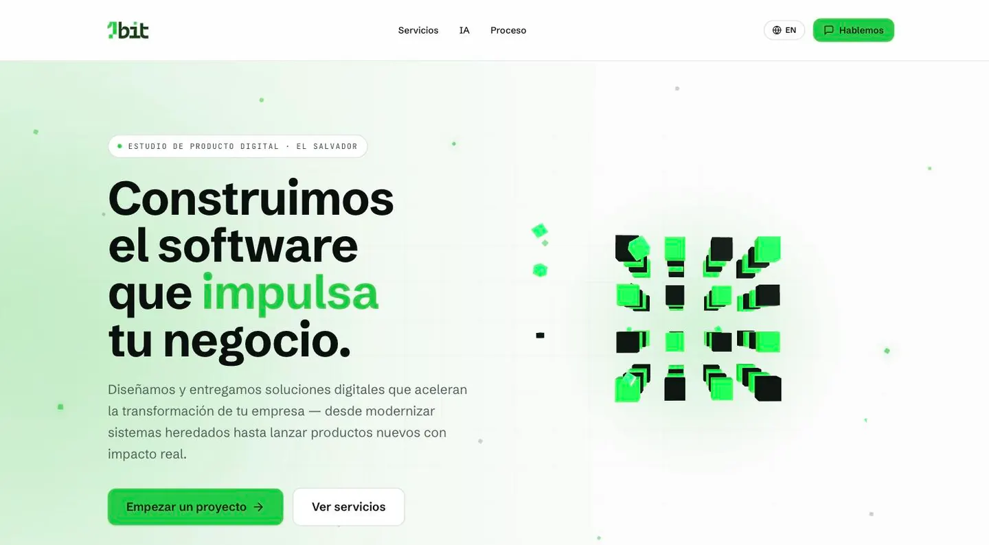 The 1Bit home page: a large headline reading “Construimos el software que impulsa tu negocio” beside an animated grid of green and black cubes.