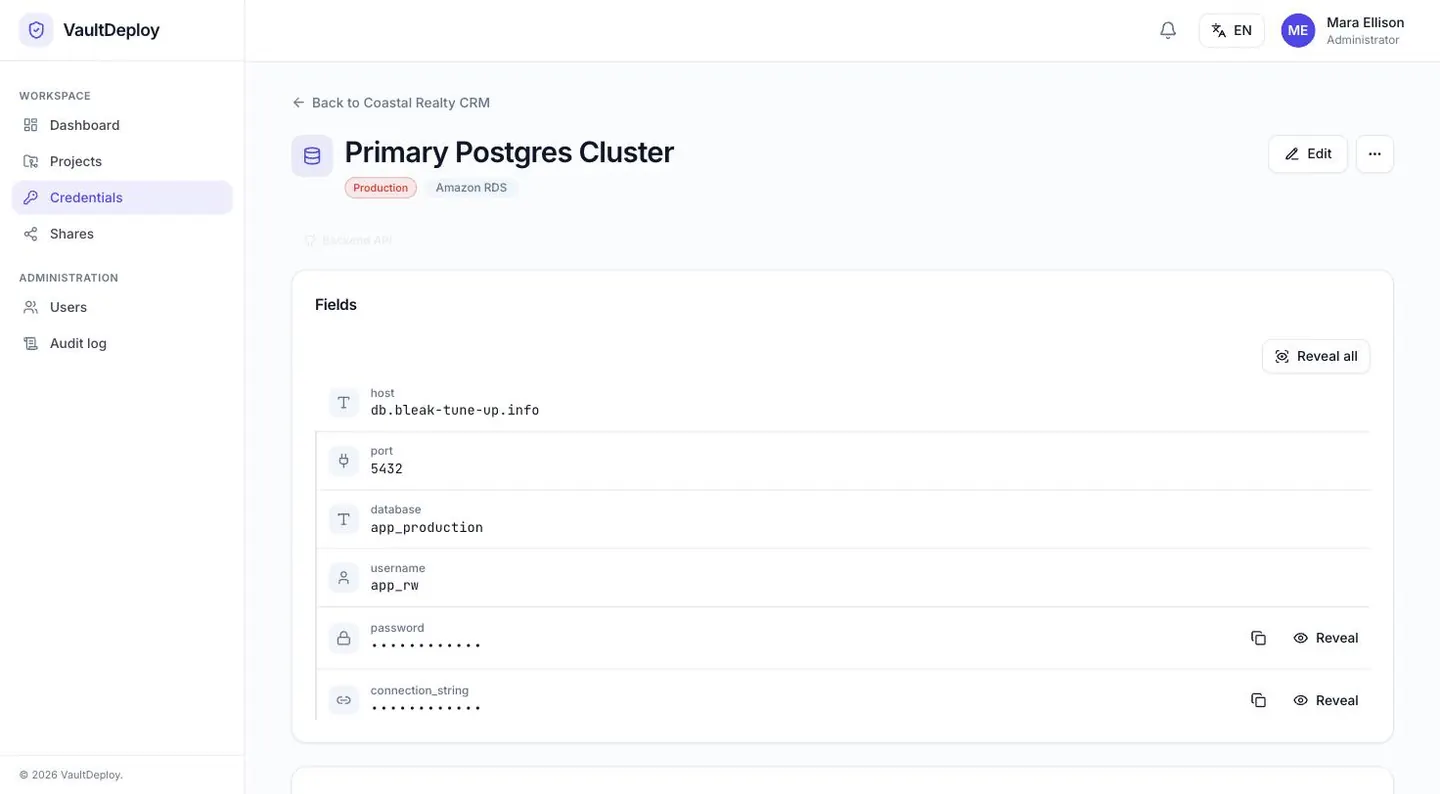 A VaultDeploy credential page: host, port, database and username shown in plain text, while the password and connection string stay masked behind a “Reveal” control.